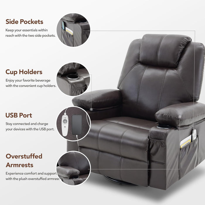 Oversized Swivel Rocker Recliner Chair with Heat and Massage, 360 Degree Swivel Rocking Single Sofa with Cup Holders and USB Port, Big Large Recliner Chair for Living Room (Leather, Brown)