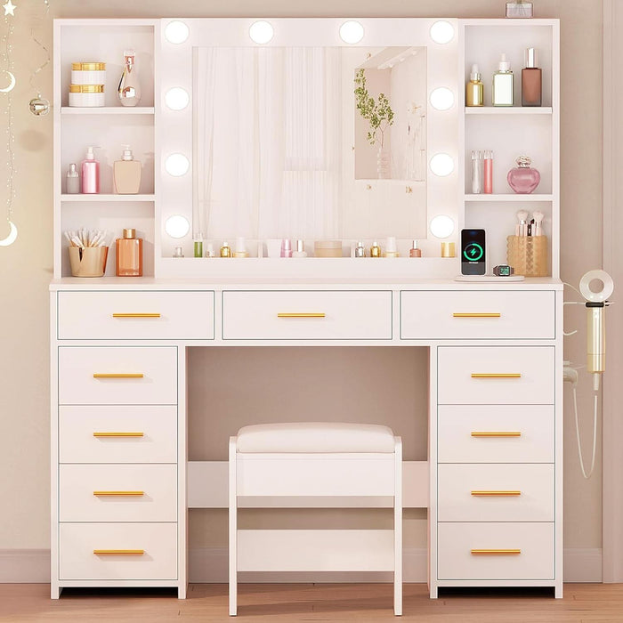Makeup Vanity Desk with Mirror and Lights White Vanity Desk with Power Outlet 11 Drawers 9 Shelves 3 Color Lighting Modes Vanity for Bedroom Women UBDT86W