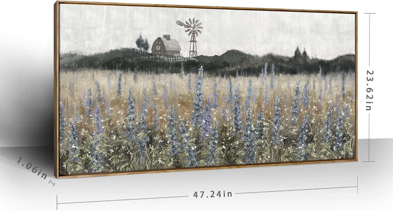 Large Vintage Framed Canvas Wall Art for Living Room, Rustic Farmhouse Countryside Windmill and Barn Landscape Painting, Retro Wildflower Field Meadow Print, 48"X24" Ready to Hang