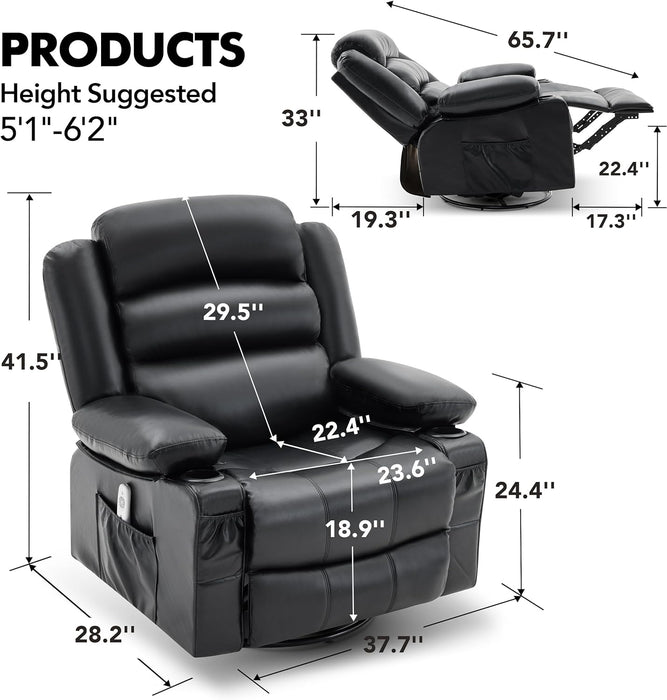 Rocker Recliner Chair with Heat and Massage, 360° Swivel Recliner Chairs for Adults, Oversized Recliner Single Sofa Seat with Cup Holders, Lazy Boy Recliner Single Sofa Seat, Black