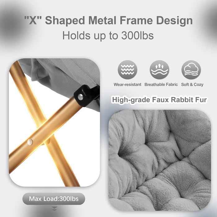 Comfy Saucer Chair, Foldable Living Room Chairs, Soft Faux Fur Lounge Chair for Bedroom, Reading Chairs for Adults, Kids, X-Large (Grey)