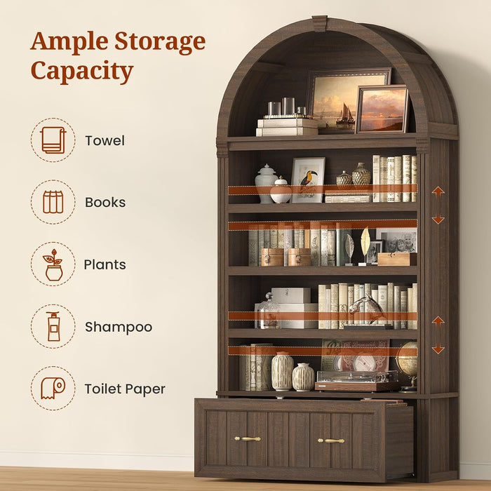 83"X39" Tall Arched Cabinets,Bookcase with Storage,5-Tier Bookshelf | Walnut Large Bookcase, Wood Mid-Century Modern, Widened Adjustable Shelves Offering More Storage for Living Room, Home Office