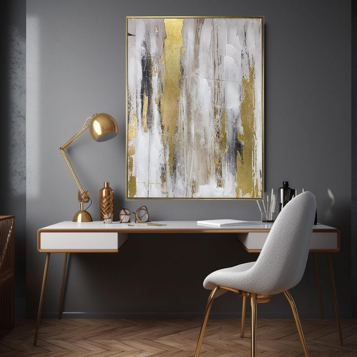 Abstract Wall Art with Gold Foil - 24 X 32 Inches Gold and Gray Canvas Print with Texture for Modern Style Decor，Framed, Ready to Hang