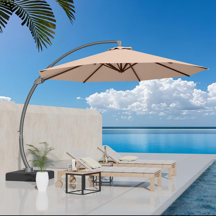 12Ft Offset Cantilever Patio Umbrella with Base Included, Large round Aluminum Outdoor Umbrella, 360° Rotation & Infinite Tilt, Heavy Duty Frame for Deck Pool Backyard, Beige