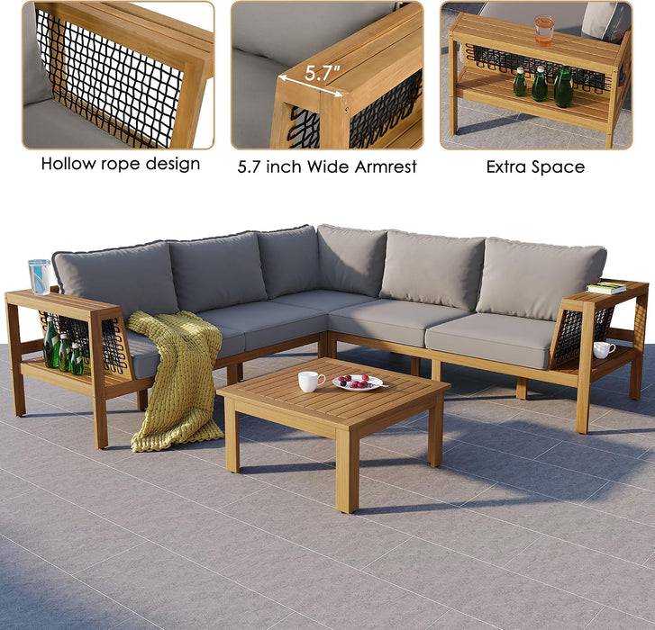 4 Pieces Patio Furniture Set, Outdoor L-Shaped Sectional Sofa Set with Coffee Table, Acacia Wood Conversation Seating & Thick Cushions and Side Table, for Backyard, Garden and Poolside, Grey