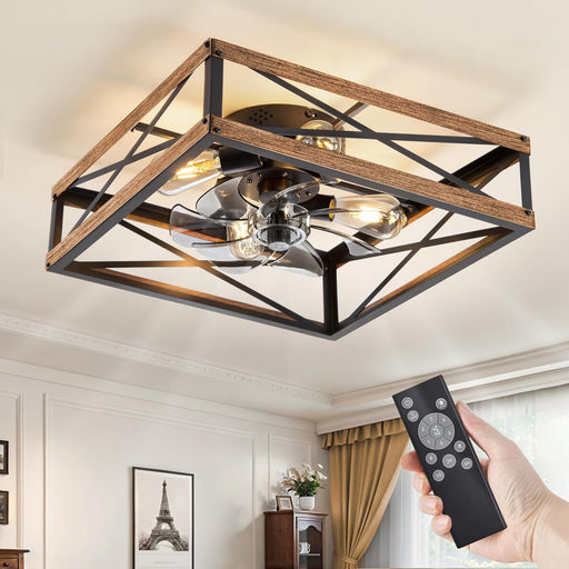 20” Caged Low Profile Ceiling Fans with Lights and Remote, Rustic Square Flush Mount Ceiling Fan, 6 Speed and Reversible, Small Farmhouse Bladeless Ceiling Fan for Bedroom, Kitchen,Dining Room