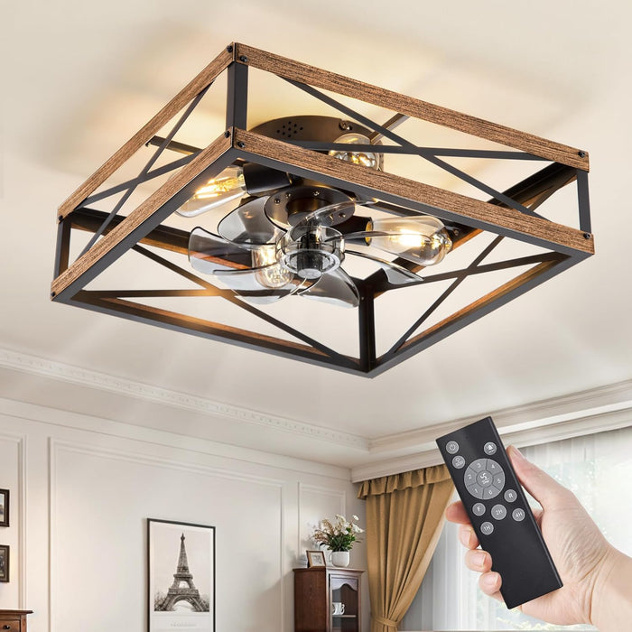 20” Caged Low Profile Ceiling Fans with Lights and Remote, Rustic Square Flush Mount Ceiling Fan, 6 Speed and Reversible, Small Farmhouse Bladeless Ceiling Fan for Bedroom, Kitchen,Dining Room