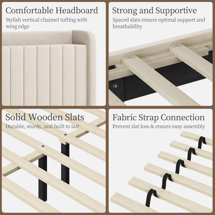 Queen Bed Frame with USB Charging Station and Storage Shelf/Upholstered Headboard Platform Bed with Wing Side/Wooden Slats Support/Noise Free/No Box Spring Needed/Easy Assembly, Cool Beige