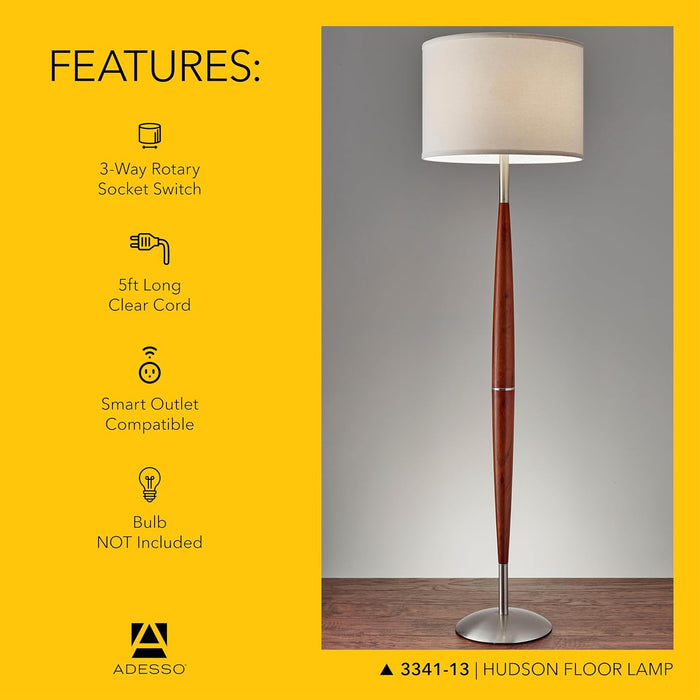 Hudson Floor Lamp - Adjustable Brightness, Perfect Lighting for Bedroom, Living Room and Corner Decor, Maple Eucalyptus Wood & Satin Steel Accents, Soft/White Lampshade