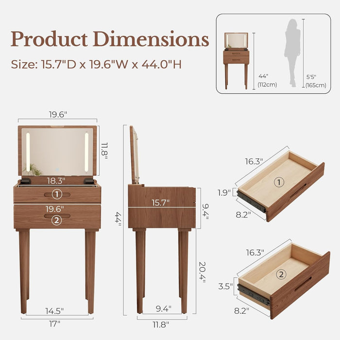 Small Vanity Desk and Vanity Stool Bundle, Vanity Set with Mirror and Stool and Lights, Solid Wood Vanity Desk and Chair Set, Makeup Vanities & Vanity Benches (Vanity 19.6 Inch Wide, Walnut)