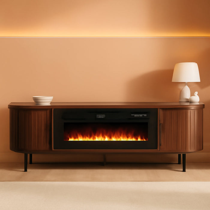 70" Mid Century Modern TV Stand with Fireplace, Fluted Fireplace TV Stand, Entertainment Center with Sliding Door, TV Console with Solid Wood Legs for Living Room, Walnut