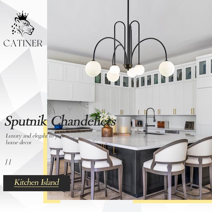 Modern Black Chandelier 6 Lights Sputnik Chandelier for Dining Room Large L40” Mid Century Ceiling Pendant Light Fixtures with Withe Glass Globe Shades for Foyer Bedroom