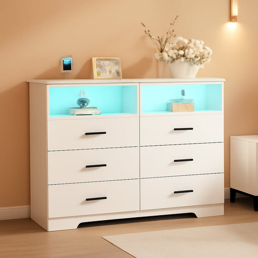 Dresser with Power Outlets and LED Lights Wooden 6 Drawer Dresser with Large Organizer Tall White Dresser for Bedroom Chest of Drawers Closet Modern Dresser for Living Room Kids Room