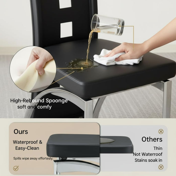 Modern Dining Chairs Set of 4, Black Dining Room Chairs Set, Upholstered Faux Leather Kitchen Chairs with Silver Metal Legs, High Backrest Armless Seating for Kitchen, Only Chair