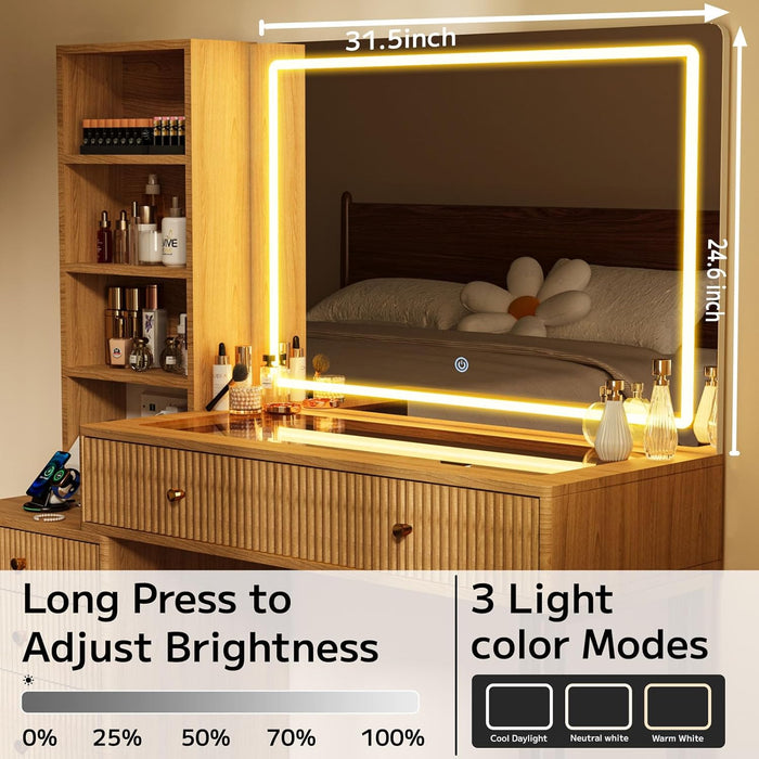 44 Inch Oak Vanity Desk With Lighted Mirror And Power Outlet