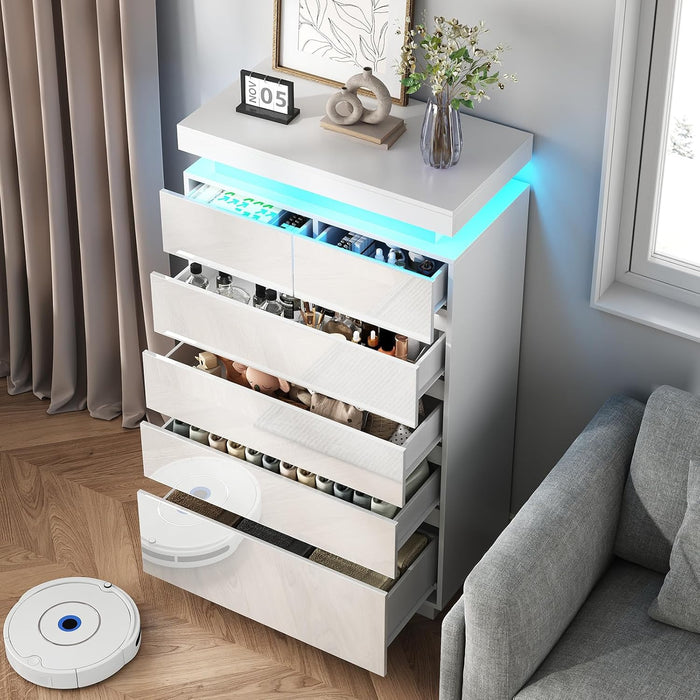 6 Drawer Dresser for Bedroom with LED Lights, White Modern High Gloss Chest of Drawers for Closet, Tall Drawer with Adjustable LED Light, for Living Room, Entryway, Dressing Room