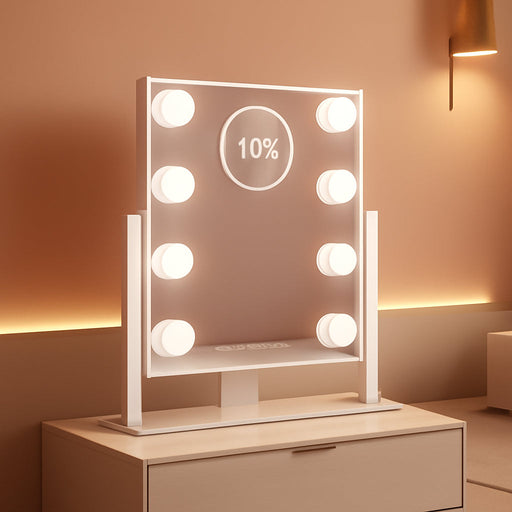 Lighted Makeup Mirror, Hollywood Vanity Mirror with Lights, Three Color Modes, with Detachable 10X Zoom Mirror, Smart Touch Control, Metal Frame, 360° Rotation（14.1In,White）