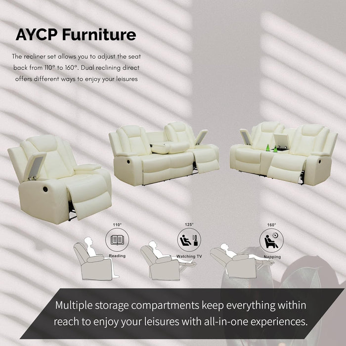 Power Recliner Set with LED Lights, Air Leather Reclining Set with USB Port/Wireless Charger/Storage Console/Cup Holder for House/Hometheater/Apt (Ivory White, Sofa Loveseat Chair)