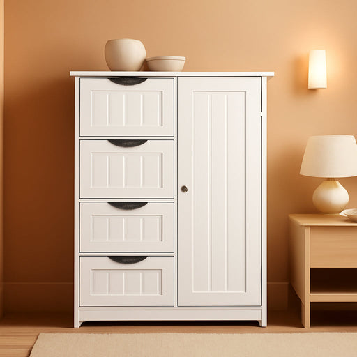 Wooden Floor Cabinet, Side Storage Organizer with 4 Drawers and 1 Cupboard, Freestanding Entryway Storage Unit Console Table, Bathroom Furniture Home Decor, White