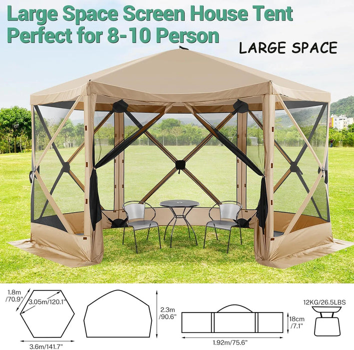 12X12 Pop up Canopy Gazebo, Outdoor Canopy Tent Screen House with 6 Sidewalls and Netting for Camping, Waterproof, UV Resistant, Ez Set-Up Party Tent with Carrying Bag and Ground Stakes,Khaki