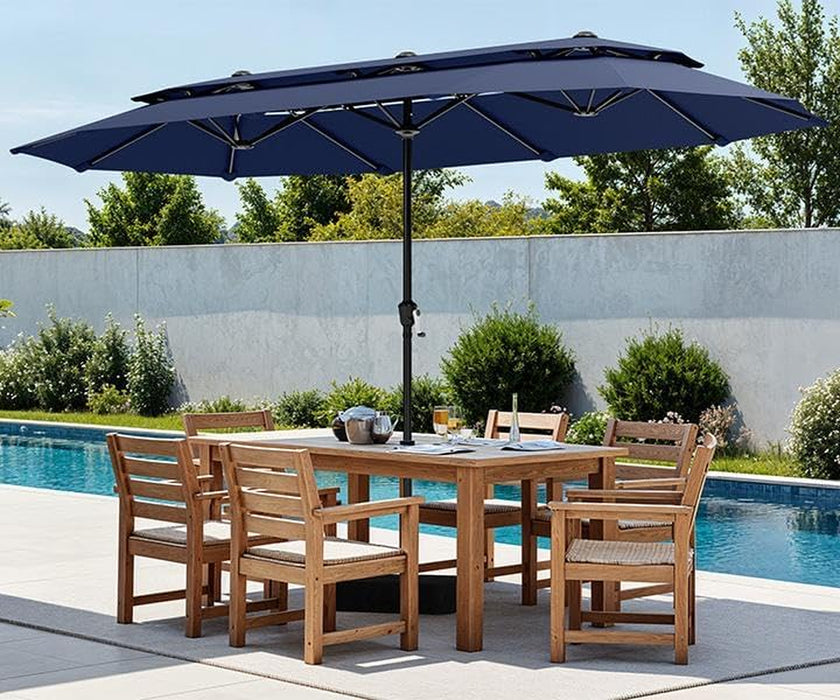 13Ft 2-Tier Outdoor Patio Umbrella with Base Included, Navy Blue | Large, Double-Sided, Rectangle, Rectangular, for Table Market, with Stand, Triple-Head, Windproof, for outside Poolside Lawn