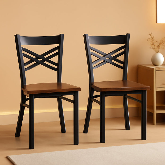2 Pack HERCULES Series Black ''X'' Back Metal Restaurant Chair - Mahogany Wood Seat