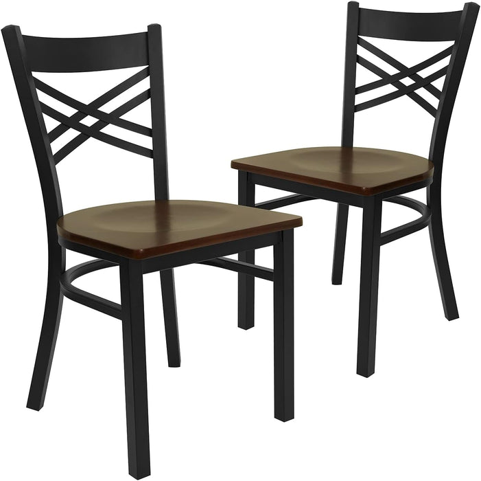 2 Pack HERCULES Series Black ''X'' Back Metal Restaurant Chair - Mahogany Wood Seat