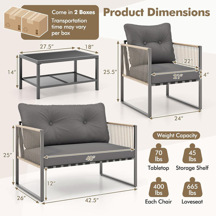 8 Pieces Patio Furniture Set, Outdoor PE Rattan Conversation Sofa Set with Thick Cushions and 2-Tier Tempered Glass Coffee Table for Garden, Porch, Balcony and Backyard
