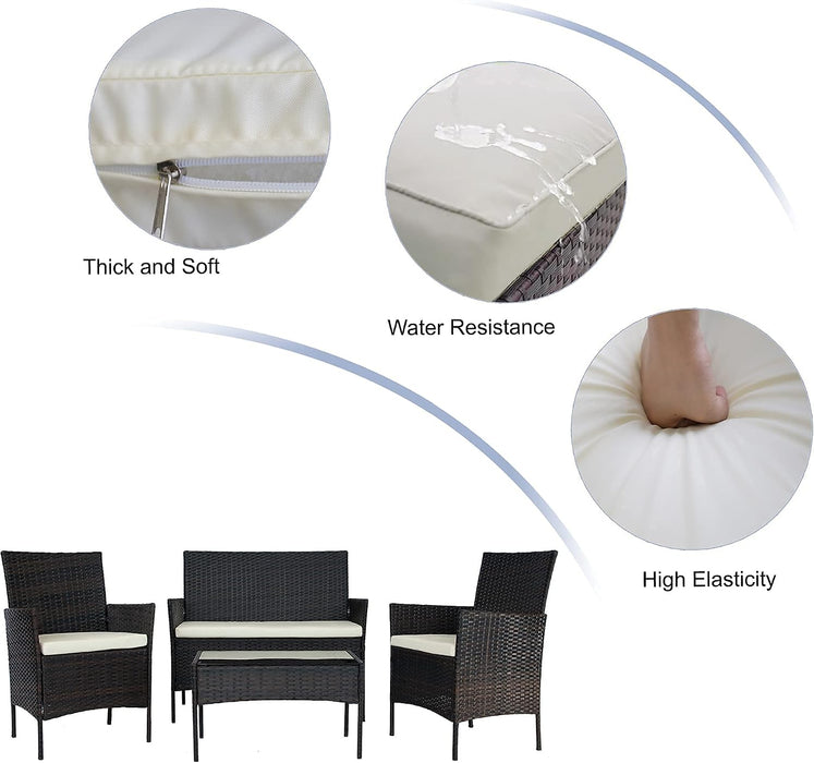 4-Piece Patio Conversation Set Outdoor Furniture with Cushion, Rattan Wicker Chairs, a Sofa and Coffee Table with Tempered Glass Top for Backyard Porch Garden Poolside Balcony (Brown+Beige)