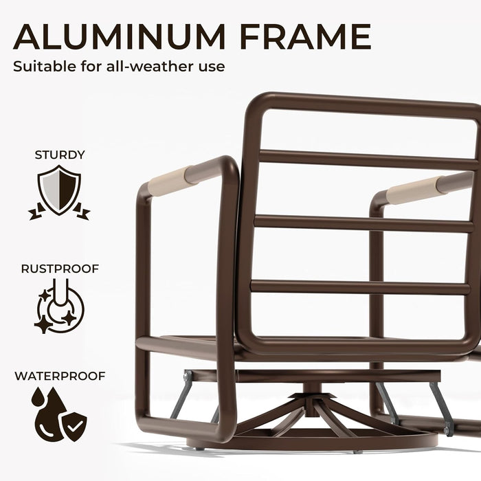3 Piece Patio Outdoor Aluminum Swivel Rocking Chair with Coffee Table and 6.7" Thickened Cushions, All Weather Outdoor Furniture Chairs for Garden, Poolside, Deck-Brown