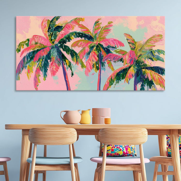 Palm Tree Canvas Wall Art Coastal Seascape Pictures Tropical Botanical Painting Modern Pink Artwork Prints for Bathroom Beach House Bedroom Living Room Home Office Decor Framed 28" X 58"