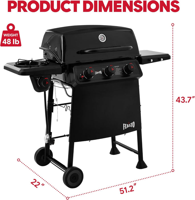 3 Burner Propane Gas Grill with Side Burner, Porcelain-Enamel Main Body and Lid, Propane BBQ Grill with 38,000 Btus Output & Side Table for Patio, Backyard, Poolside Gatherings