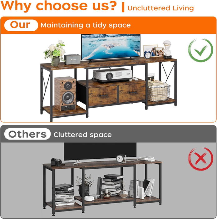 TV Stand for Tvs up to 75 Inch, Entertainment Center with Fabric Drawers, TV Media Console Table with Open Storage Shelves for Living Room, Bedroom, Rustic Brown