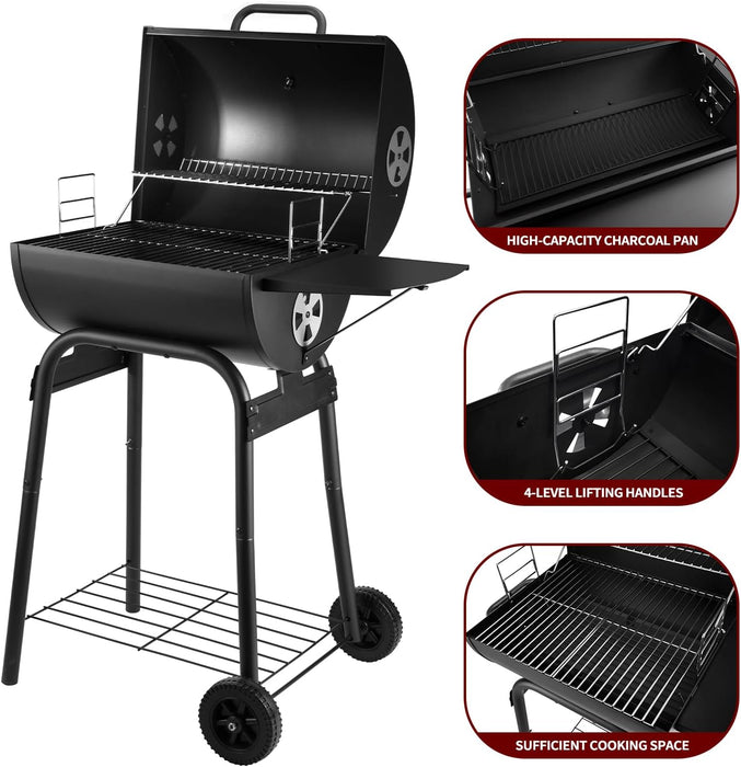 Charcoal Grill Outdoor BBQ Grill, Barrel Charcoal Grills with Side Table, with Nearly 500 Sq.In. Cooking Grid Area, Outdoor Backyard Camping Picnics, Patio and Parties, Black by