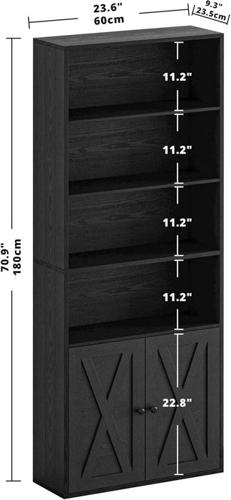 Industrial Bookshelves and Bookcases with Doors Floor Standing 6 Shelf Display Storage Shelves 70 in Tall Bookcase for Home Office, Living Room