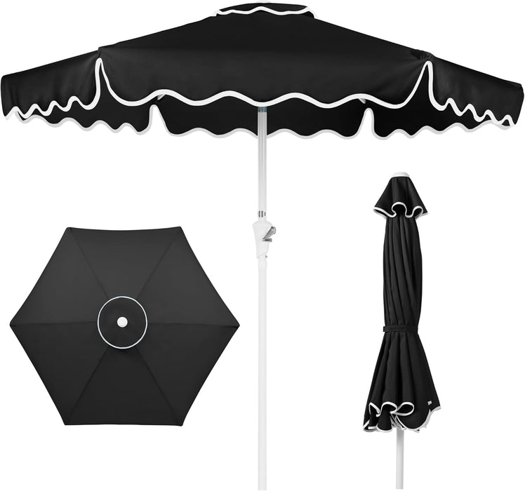 7.5Ft Patio Market Umbrella with Wavy Trim, Uv-Fade-Resistant 210G Canopy, Crank & Tilt, Wind Vent, Heavy-Duty Frame - Black