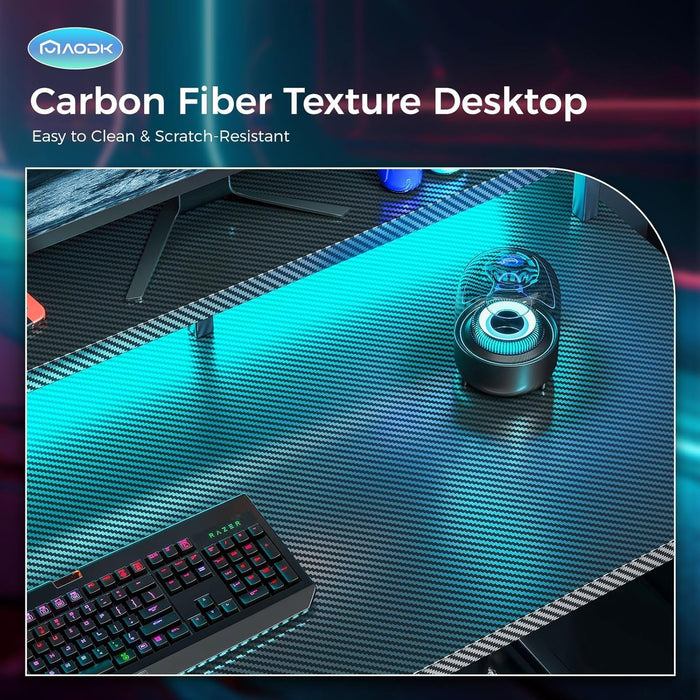 Computer Desk, 48 Inch Gaming Desk with Led Lights & Power Outlet, Office Desk with Printer Storage Shelves, Reversible Desk with Monitor Shelf & Headphone Hook, Carbon Fiber Black