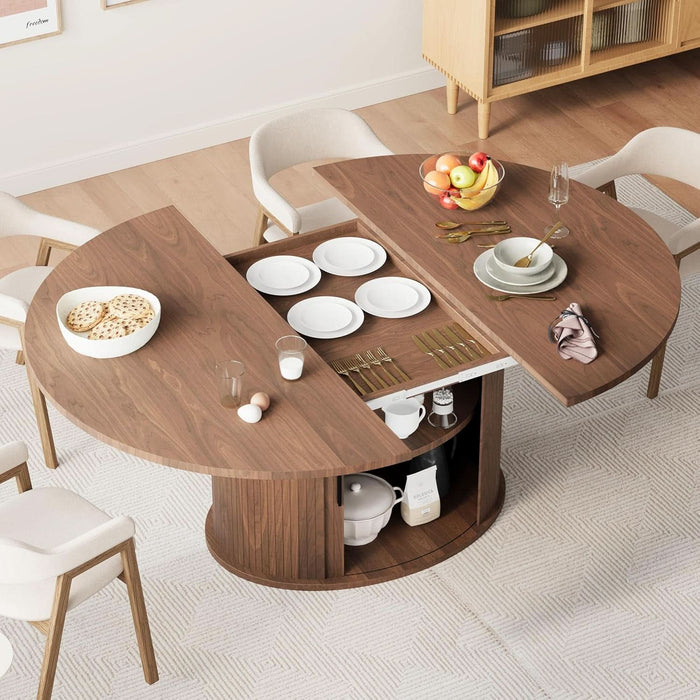 Dining Table for 4-6, 63“Extendable round Dining Room Kitchen Table with 2-Tier Storage Shelf, Fluted Wood Table with Slide Door, Expandable Wood Oval Dinner Furniture with Pedestal Base (Walnut)