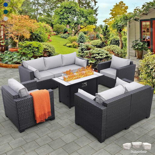 5 Pcs Outdoor Furniture Sets Patio Furniture Set with 45" Fire Pit Patio Couch Outdoor Chairs 60000 BTU Steel Propane Fire Pit Table No-Slip Cushions and Waterproof Covers, Light Grey