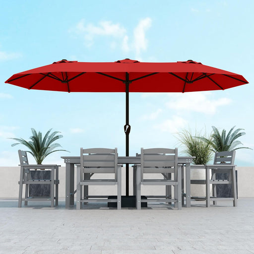 15Ft Large Patio Umbrella with Base Included, Double-Sided Rectangle Outdoor Table Umbrella with 12 Reinforced Ribs, Crank Lift for Market Pool Deck Backyard, Red