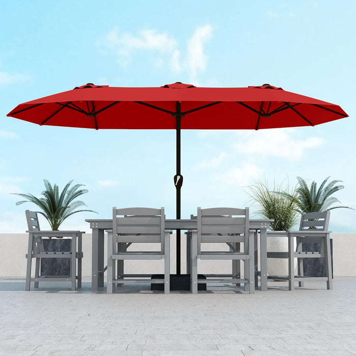15Ft Large Patio Umbrella with Base Included, Double-Sided Rectangle Outdoor Table Umbrella with 12 Reinforced Ribs, Crank Lift for Market Pool Deck Backyard, Red