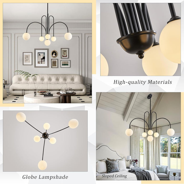 Modern Black Chandelier 6 Lights Sputnik Chandelier for Dining Room Large L40” Mid Century Ceiling Pendant Light Fixtures with Withe Glass Globe Shades for Foyer Bedroom