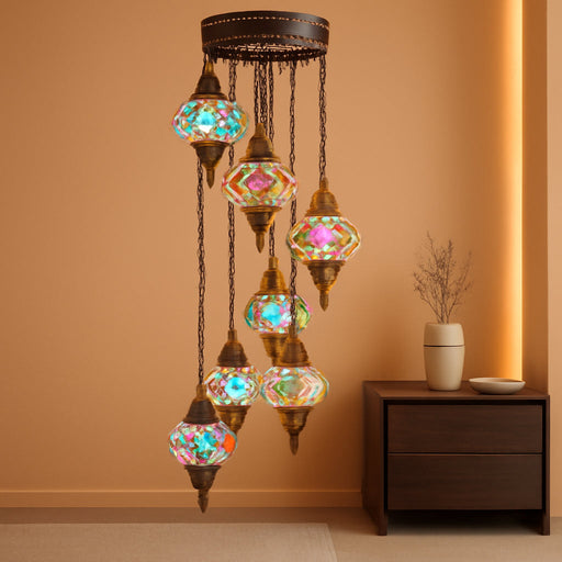 Multicolor Seven Globe Mosaic Chandelier Ceiling Lamp