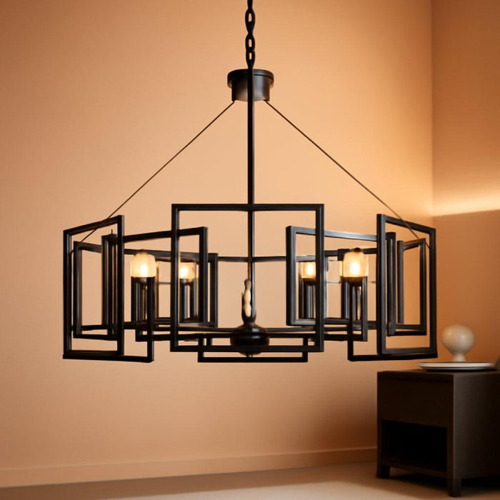 5-Light Black Geometric Chandelier,Height Adjustable Industrial Chandelier for Dining Room,Modern Farmhouse Chandelier Light Fixture over Table,For Bedroom,Living Room,Entryway,Bulbs Not Included