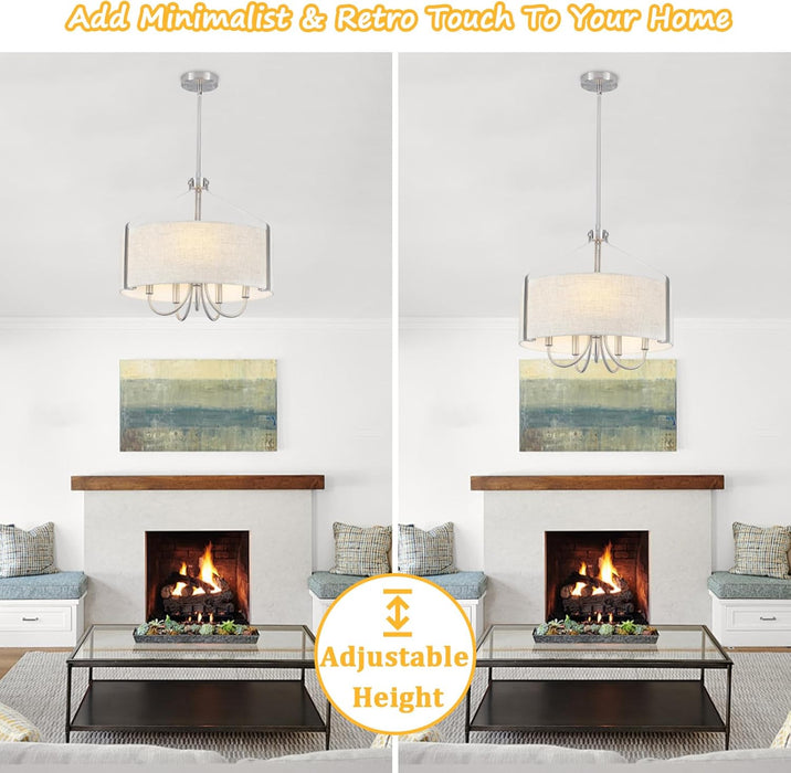 5-Light Drum Chandelier for Dining Room 18" Farmhouse Pendant Light with Linen Lampshade – Brushed Nickel Chandelier for Kitchen Island, Living Room, Bedroom, Entryway & Foyer