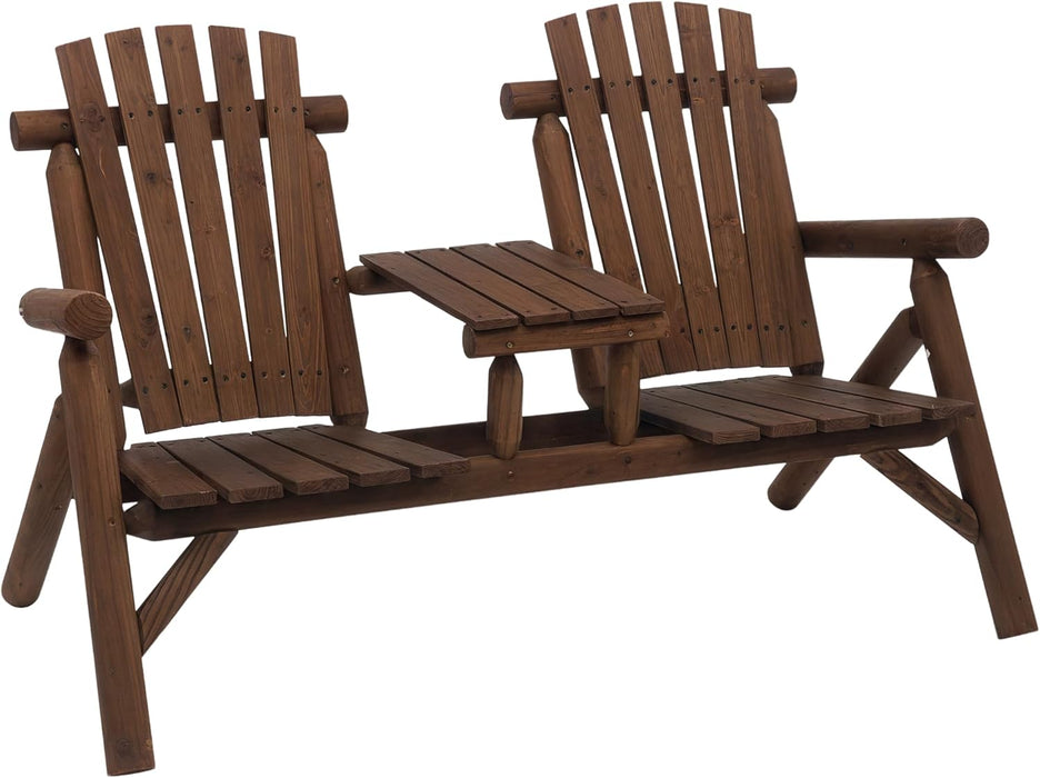 2-Seat Wooden Adirondack Chair, Patio Bench with Table, Outdoor Loveseat Fire Pit Chair for Porch, Backyard, Deck, Carbonized