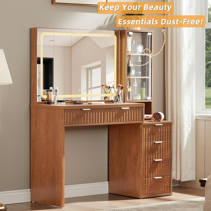 Vanity Desk with Mirror and Lights, 43.5'' Fluted Makeup Vanity with 6 Drawers and Adjustable Shelves, Glass Top Make up Vanity, Girls Wood Dressing Table with Power Outlet for Bedroom