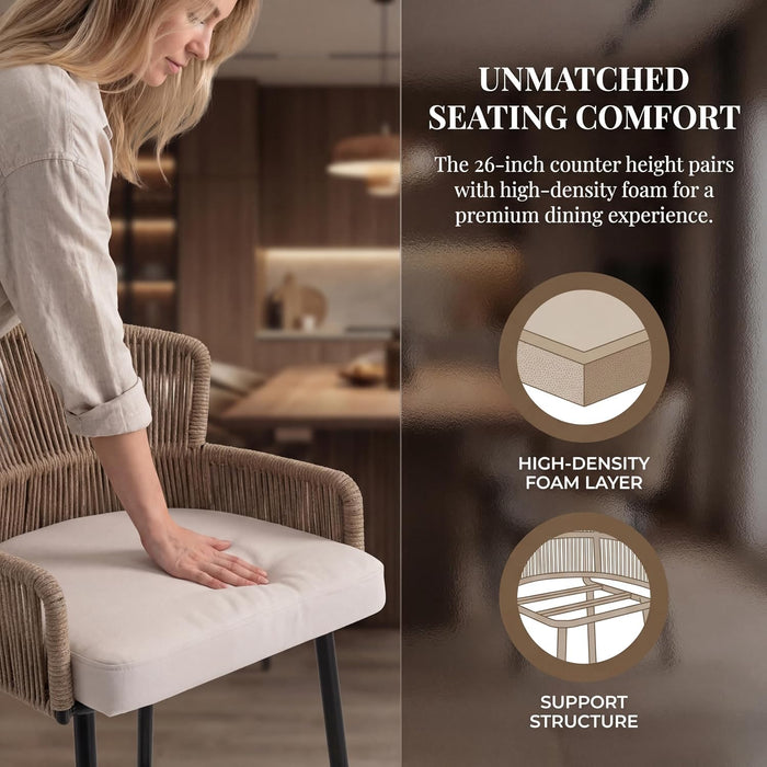 Farmhouse Woven Bar Stools Set of 3, 26 Inch Linen Upholstered Rattan Barstools with Curved Backs, Modern Cane Counter Height Bar Chairs with Metal Legs and Armrest for Kitchen Island, Beige