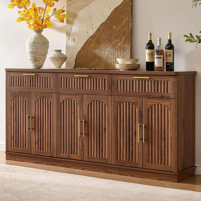 70" Modern Buffet Cabinet with 6 Doors & 3 Drawers Storage, Walnut