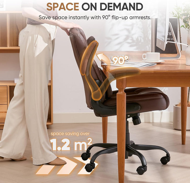 Home Office Chair with Lumbar Support, 5" Thickened Seat, Small PU Leather Rocking Desk Chair, Comfy Computer Chairs with Rolling Wheels & Adjustable Armrests for Adults, Brown